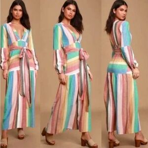 Sincerely Jules Pastel Rainbow Stripe V‑Neck Maxi Dress